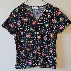 Scrubstar Medium Black Scrub Top with Colorful Animal Patterns